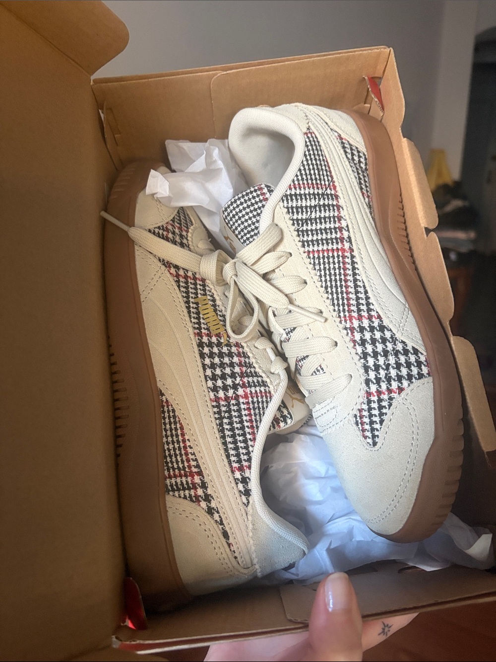 Puma Men's Cream Houndstooth Sneakers with Gum Sole